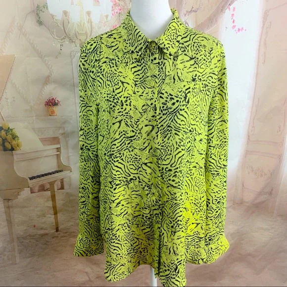 SOLD T TAHARI Yellow Tiger Animal Print Button Down - Picture 1 of 10